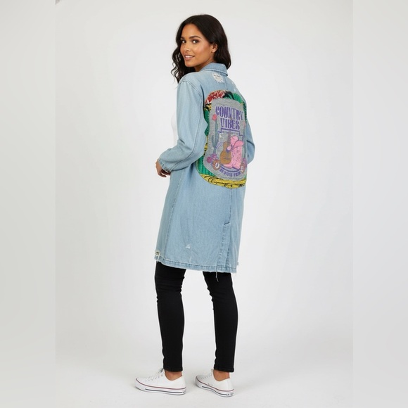 Upcycled Country Vibes Long Light Blue Denim Jacket Womens L Festival Cowgirl - Picture 2 of 15